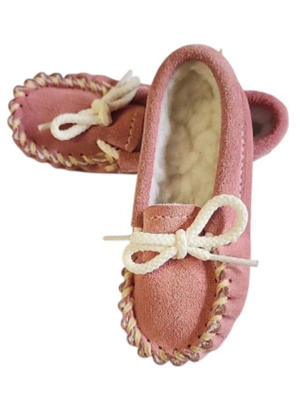 Pink suede baby moccasins, fleece lined, newborn sz 3